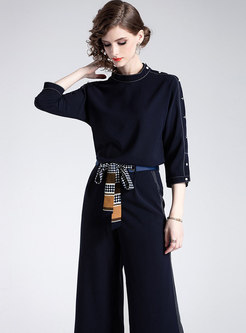 Stylish Stand Collar Rivet Top & Belted Wide Leg Pants