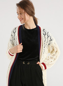 Casual Color-blocked Striped Hollow Out Sweater Coat