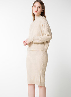 Solid Color Long Sleeve Pullover Knitted Two Piece Outfits