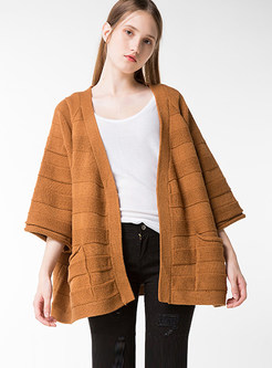 V-neck Loose Solid Color Knitted Cardigan Sweater