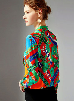 Stylish Multi Color Print Bowknot Single-breasted Blouse