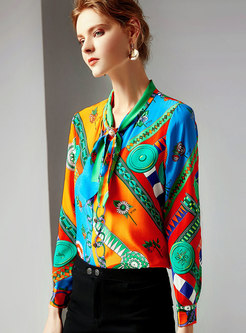 Stylish Multi Color Print Bowknot Single-breasted Blouse
