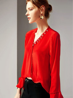 Pure Color V-neck Flare Sleeve Asymmetric Pullover Blouse