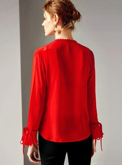 Pure Color V-neck Flare Sleeve Asymmetric Pullover Blouse