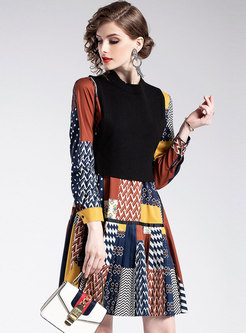 Chic Print Long Sleeve Pleated Dress & O-neck Knitted Short Vest