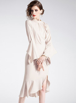 Solid Color Stand Collar Asymmetric Falbala Sheath Dress