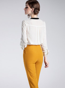 Color-blocked O-neck Bowknot Blouse & Belted Slim Pencil Pants