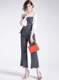 Striped Splicing Flare Sleeve Belted Top & Striped Slit Flare Pants