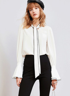 Brief White Bowknot Tied Loose Chiffon Blouse