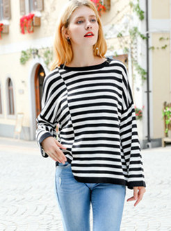 O-neck Color-blocked Striped Irregular Sweater