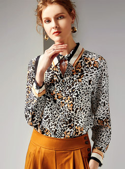Leopard Print Lapel Silk Pullover Blouse