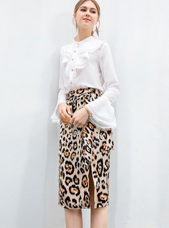 White Falbala Long Sleeve Blouse & Leopard Bodycon Skirt