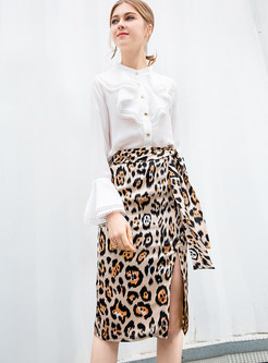 White Falbala Long Sleeve Blouse & Leopard Bodycon Skirt