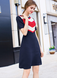 Casual Color-blocked Short Sleeve High Waist Dress
