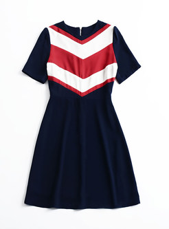 Casual Color-blocked Short Sleeve High Waist Dress