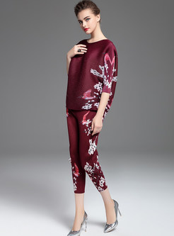 Casual O-neck Bat Sleeve Print Slim Two Piece Outfits