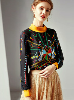 Trendy Splicing Print Stand Collar Blouse