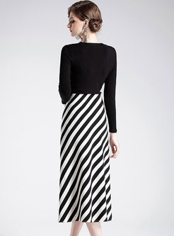 Black V-neck Slim Top & Striped High Waist Long Skirt