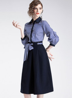 Striped Lapel Puff Sleeve Slim Blouse & High Waist Belted A Line Skirt
