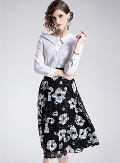 White Turn Down Collar Single-breasted Blouse & Print High Waist Skirt