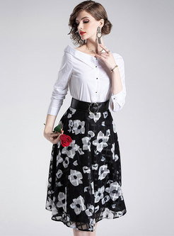 White Turn Down Collar Single-breasted Blouse & Print High Waist Skirt