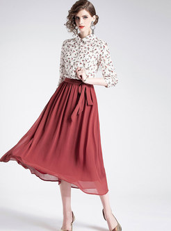 Floral Print Lapel Single-breasted Blouse & Red Tie-waist A Line Skirt