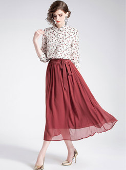 Floral Print Lapel Single-breasted Blouse & Red Tie-waist A Line Skirt