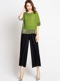O-neck Short Sleeve Loose Pullover Pleated T-Shirt