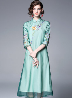 Vintage Mandarin Collar Embroidered Shift Dress