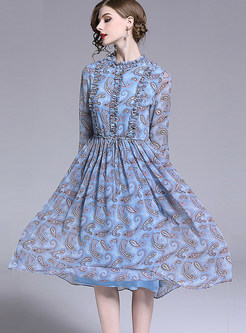 Vintage Standing Collar Long Sleeve Print Dress