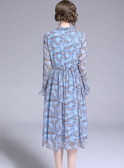Vintage Standing Collar Long Sleeve Print Dress