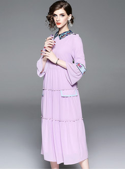 Stylish Embroidered Lapel Flare Sleeve A Line Dress