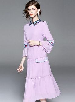 Stylish Embroidered Lapel Flare Sleeve A Line Dress