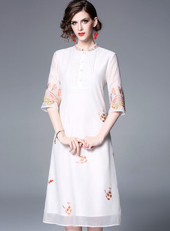 Chic Embroidered Stand Collar Half Sleeve Skater Dress