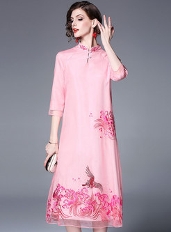 Retro Stand Collar Embroidered Shift Dress