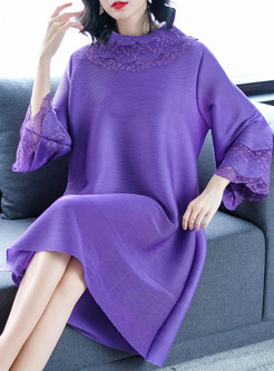 Trendy Pile Collar Lace Splicing Pleated Shift Dress