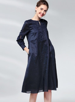 Vintage Solid Color Lace Splicing Big Hem Loose Dress