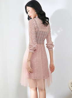 Sweet Lace Splicing Stand Collar Slim Skater Dress
