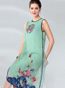 Color-blocked O-neck Sleeveless Print Slit Dress