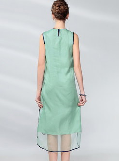 Color-blocked O-neck Sleeveless Print Slit Dress