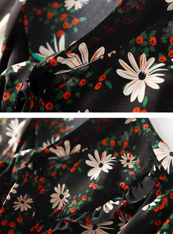 Floral Print Tie-collar Single-breasted Blouse