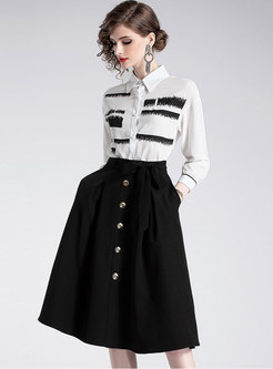 Color-blocked Lapel Single-breasted Blouse & Black High Waist Bowknot Skirt