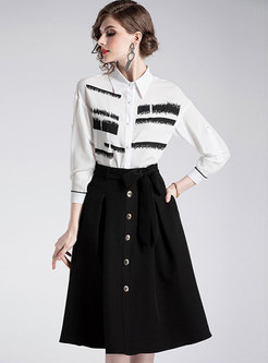 Color-blocked Lapel Single-breasted Blouse & Black High Waist Bowknot Skirt