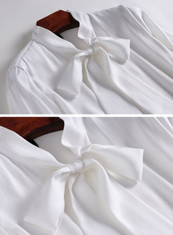 White Tie-collar Slim Blouse & Gauze High Waist Asymmetric Skirt