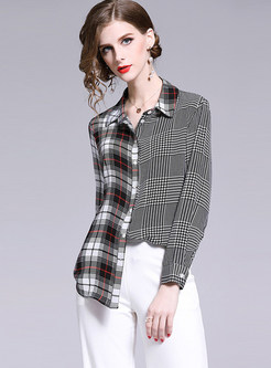 Color-blocked Plaid Lapel Single-breasted Blouse