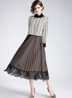 Elegant Print Ruffled Collar Pullover Blouse & High Waist Pleated Skirt