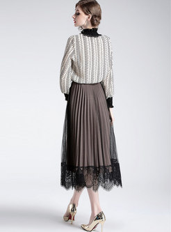 Elegant Print Ruffled Collar Pullover Blouse & High Waist Pleated Skirt