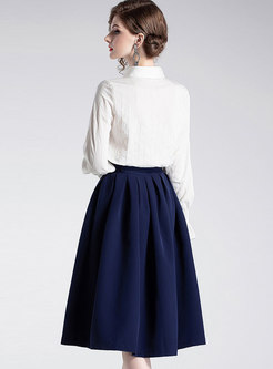 Chic Lapel Flare Sleeve Slim Blouse & High Waist Belted A Line Skirt
