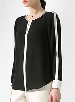 Color-blocked O-neck Hollow Out Long Sleeve Blouse