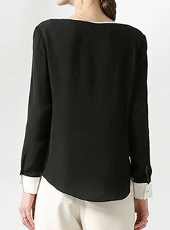 Color-blocked O-neck Hollow Out Long Sleeve Blouse
